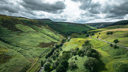 Aerial drone view of the hills and fields of Yorkshire, UKの写真素材