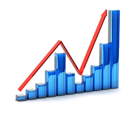 Three dimensional golden bars and red arrowの写真素材