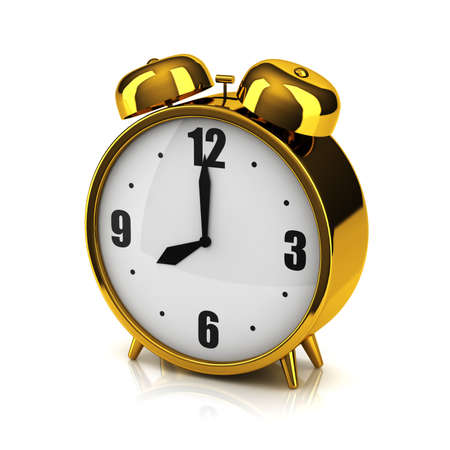 The overgilded alarm clock on a white backdropの写真素材