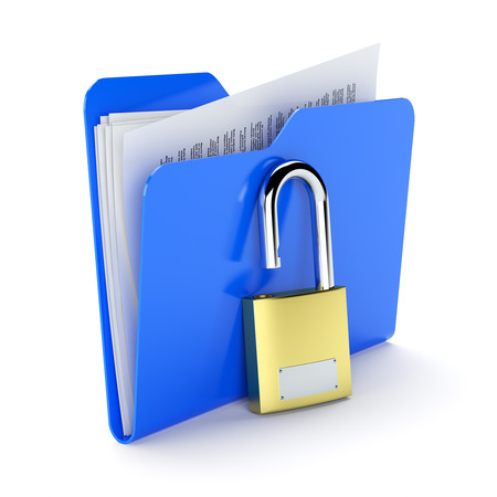 Blue folder with a documents and padlock isolated on whiteの写真素材