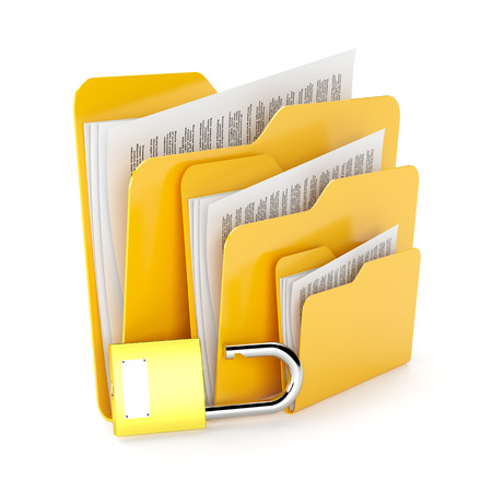 Orange folders with a documents and padlock isolated on whiteの写真素材