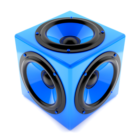 Render illustration of sound speakers on blue cubeの写真素材
