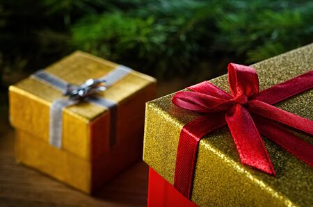 Christmas gift boxes under the fir-treeの写真素材