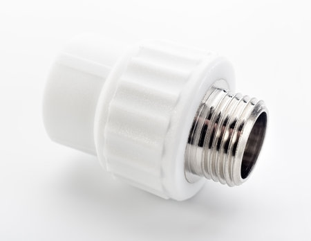 Pvc polypropylene- metallic pipe fitting on whiteの写真素材