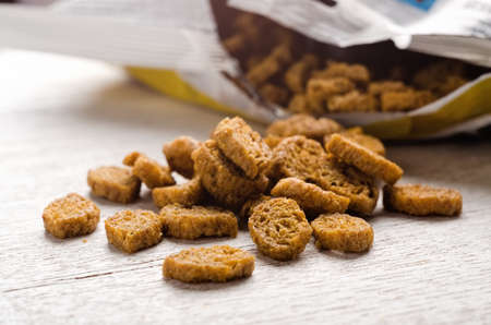 Close up rye rusks on a wooden table