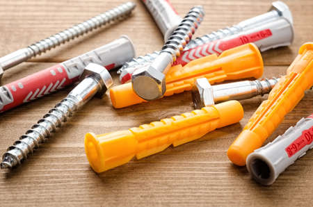 Screws with wall plugs, dowels, wall anchors.の写真素材