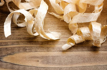 Wood Shavings on the Carpenter's Workbench close-upの写真素材