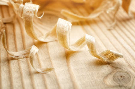 Wood Shavings on the Carpenter's Workbench close-upの写真素材