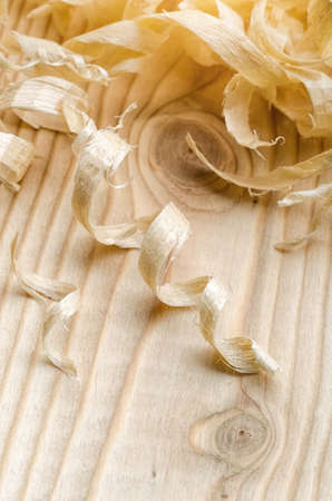Wood Shavings on the Carpenter's Workbench close-upの写真素材