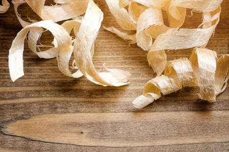 Wood Shavings on the Carpenter's Workbench close-upの写真素材