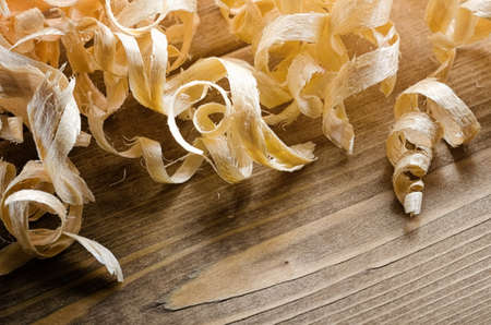 Wood Shavings on the Carpenter's Workbench close-upの写真素材