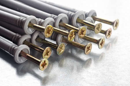 Anchor screws closeup on a metallic background