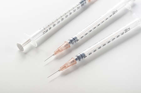Insulin syringes for diabeters closeupの写真素材