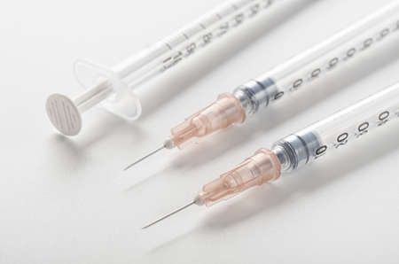 Insulin syringes for diabeters closeupの写真素材
