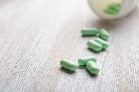 Pills drug with bottle close upの写真素材