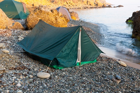 tourist tents in camp near seaの写真素材