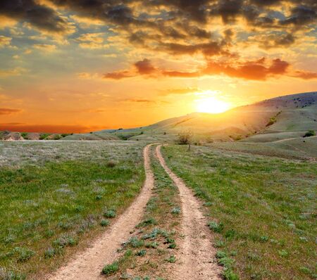 Road on green meadow in mountains on sunset backgroundの写真素材