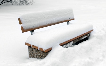 Bench in park covered snowの写真素材