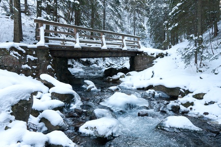 bridge over mountain river in winter forestの写真素材
