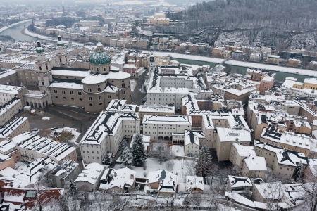 winter scene in Salzburg, view from old castleの写真素材