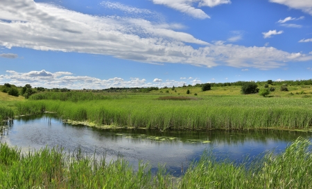 Summer landscape with small lake in steppeの写真素材