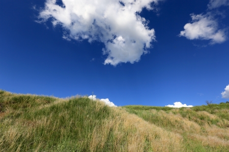 Grass hill under blue sky with cloudsの写真素材
