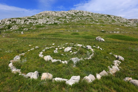 Stone circle sign in the mountainsの写真素材
