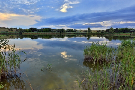 Nice evening scene on lakeの写真素材