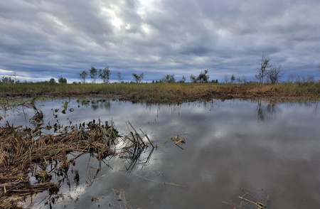 Landscape with bog in steppe under stormy cloudsの写真素材
