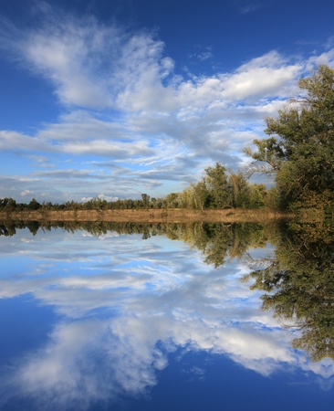 Autumn scene in forest with water reflection near lakeの写真素材