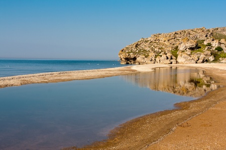 scene with sandy bay on seaの写真素材