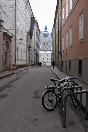 alone bike in Salzburg at winter timeの写真素材