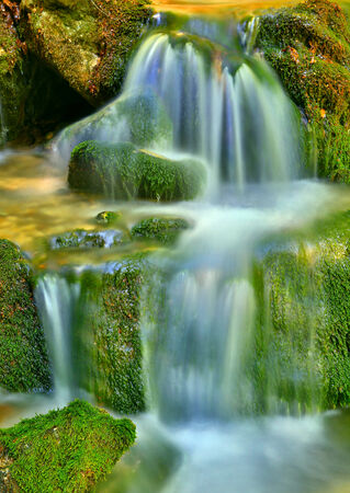 mountain stream among stones in green mossの写真素材