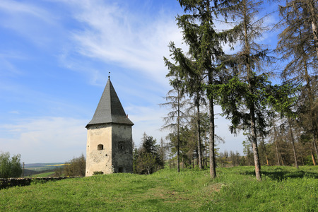 Old fortress tower in forestの写真素材
