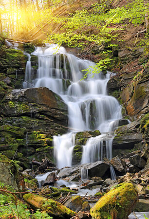 nice waterfall in spring forestの写真素材