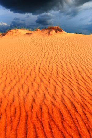 Scene with dunes in sand desert under dark sky before thunder storm

の写真素材