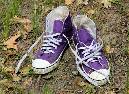 pair of gymshoes on soil in forestの写真素材