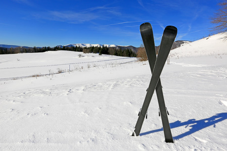 Mountain's ski on mountain backgroundの写真素材