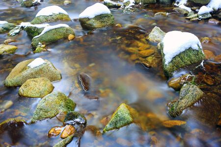 Stones in water of mountain riverの写真素材