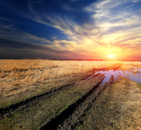 Rut dirt road across steppe after rain against sunset sky backgroundの写真素材