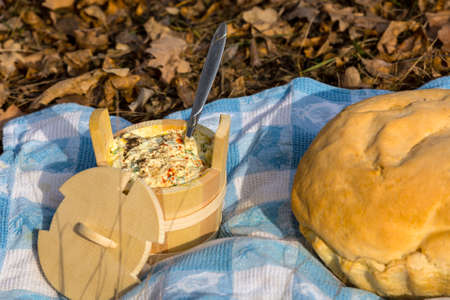 wooden dish and bread on blue cloth in forest backgroundの写真素材