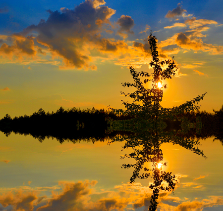 Quiet scene with sunset over lakeの写真素材