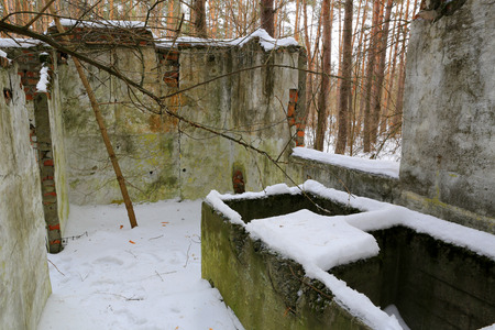 old broken laboratory house in winter forestの写真素材
