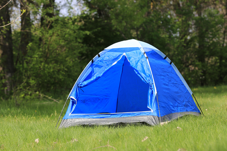 Tent on green summer meadow in forestの写真素材