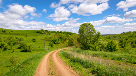 Nice summer scene with rut road turn near green hillsの写真素材