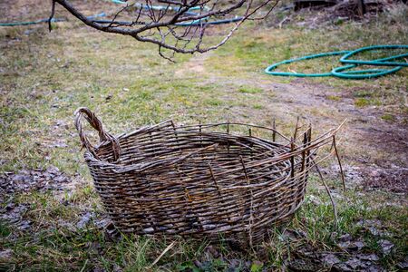 Old wicker basket in the autumn gardenの写真素材