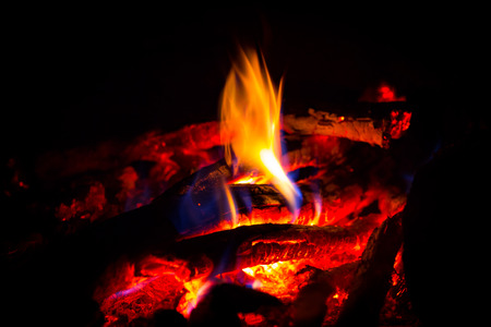 flame on hot embers in darkの写真素材