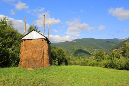 haystack on  green meadow in  mountains, Ukraineの写真素材