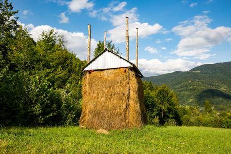 scene in Carpathians with haystack on a green meadowの写真素材