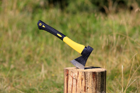 Abstract Modern axe in wooden log